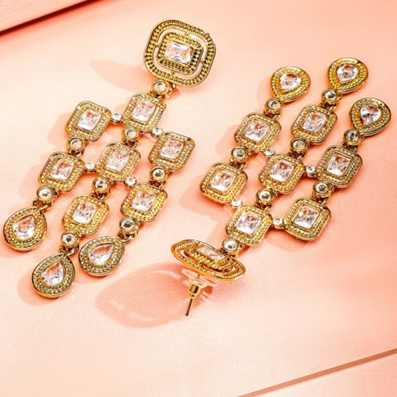 Gold Plated Zirconia Studded Antique Light Gold-Tone Premium Chandelier Earring